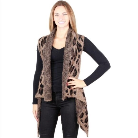 Leopard Print Sleeveless Open Front Cardigan Vest- Brown & Black-NEW - Picture 5 of 6